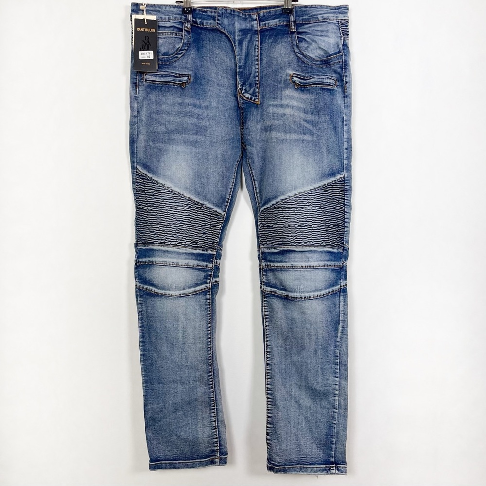 NWT Balmain Men’s Light Blue Washed Skinny Moto Jeans Size 40